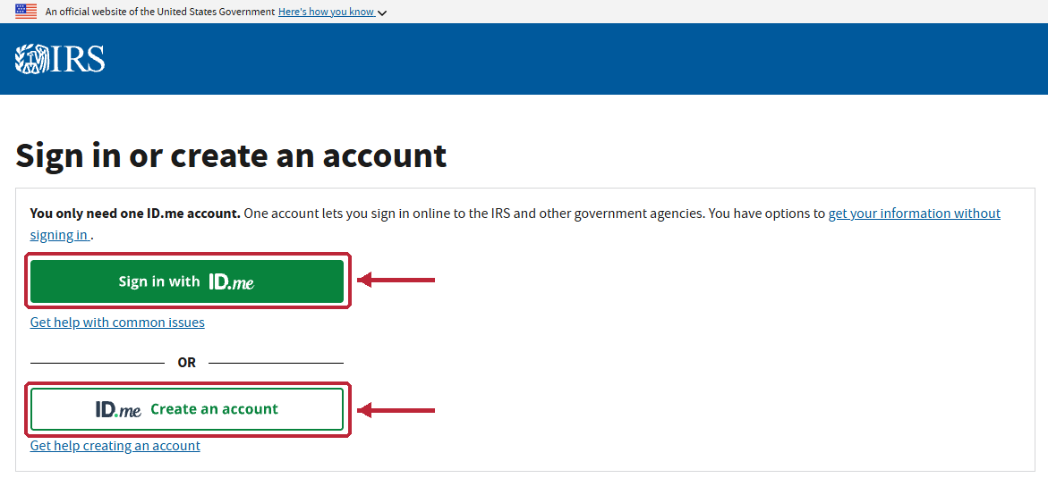 Tela do IRS com as opções Sign in with ID.me e Create an account destacadas.