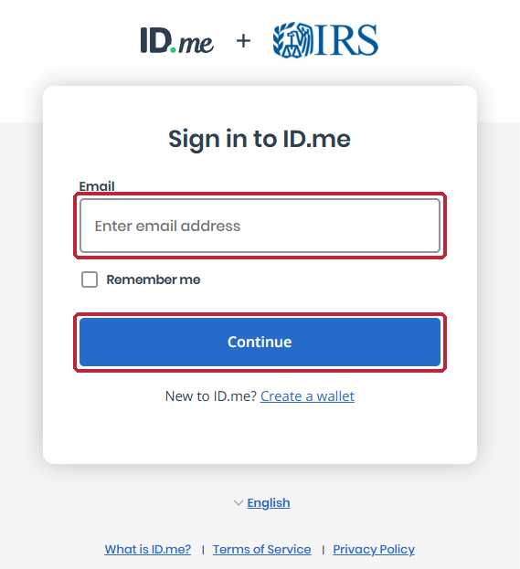 Tela de e-mail do ID.me com campo Email e botão Continue destacados.