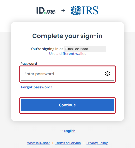 Tela de senha do ID.me com e-mail ocultado e campo de senha vazio.