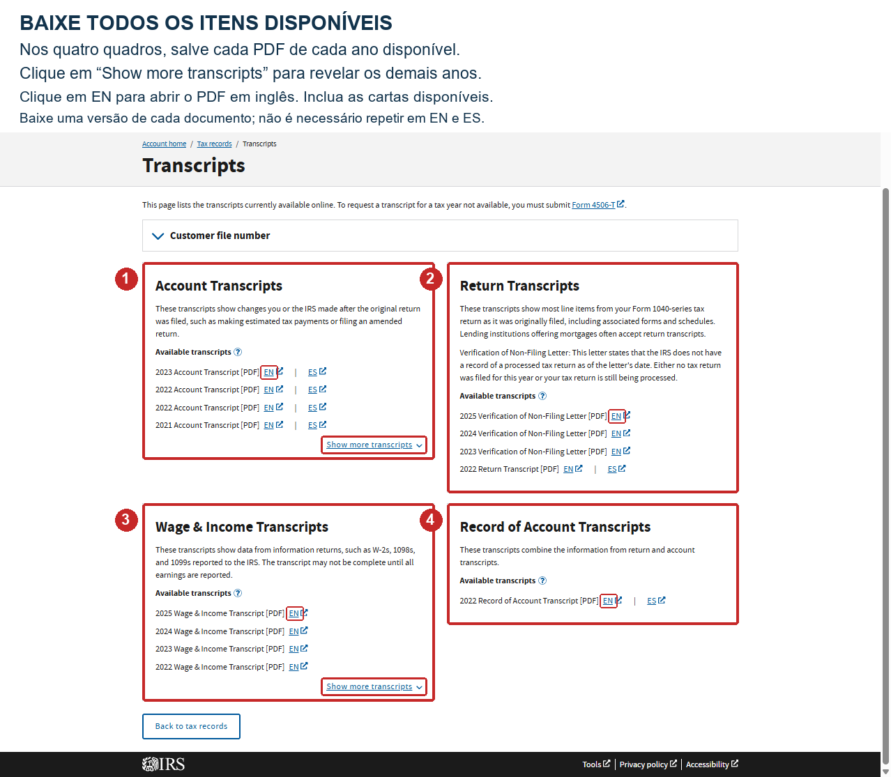 Tela de transcripts com os quatro tipos numerados, anos e documentos visíveis, links EN e Show more transcripts destacados.