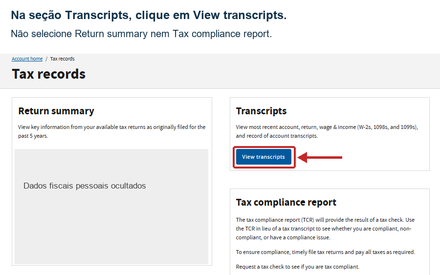 Página Tax records com View transcripts destacado e dados fiscais cobertos.