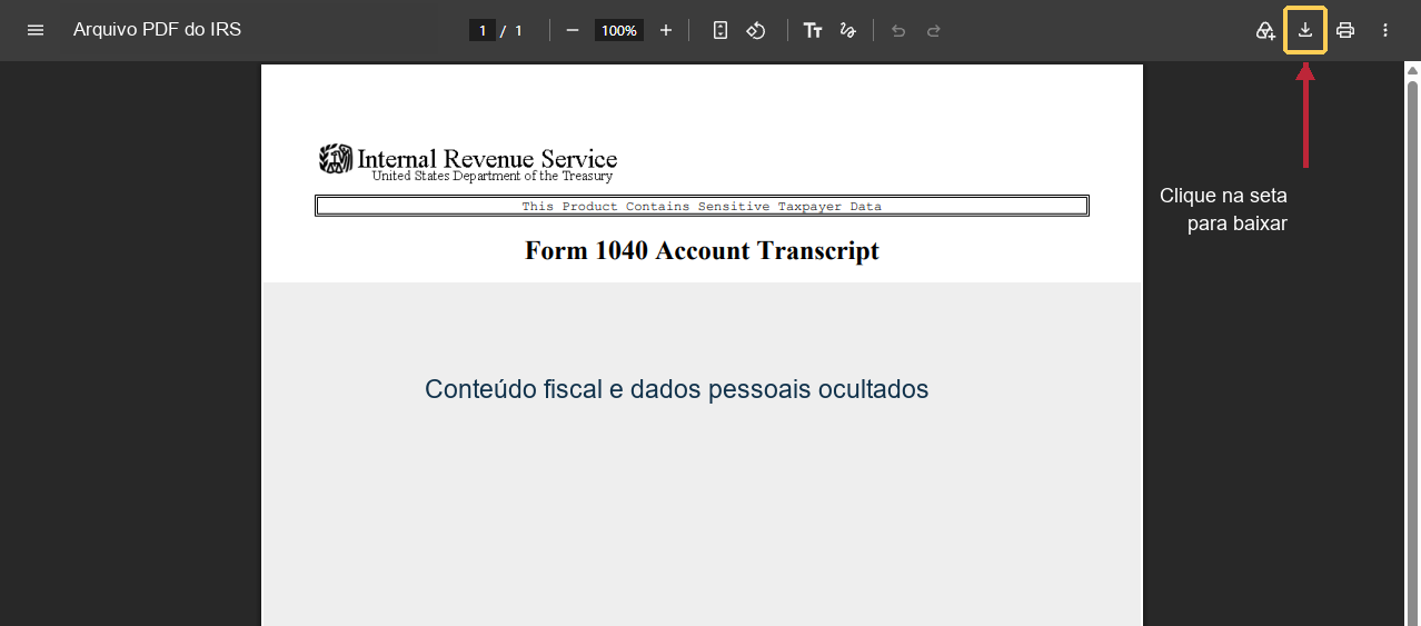 Visualizador de PDF do Chrome com ícone de download destacado e conteúdo pessoal coberto.